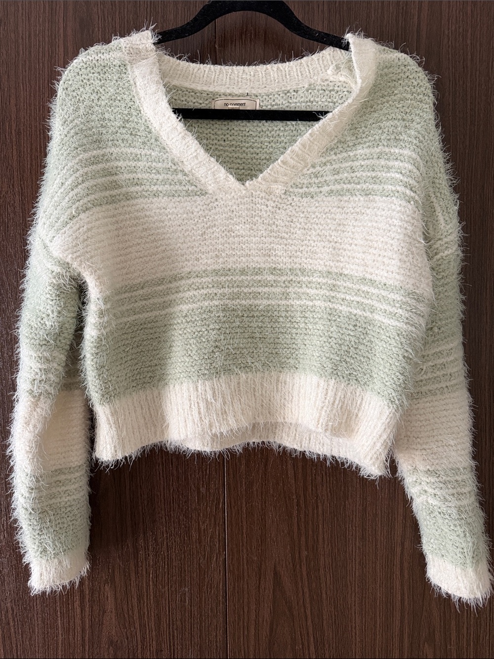 Cozy V-Neck Fuzzy Stripe Sweater in White & Light Green